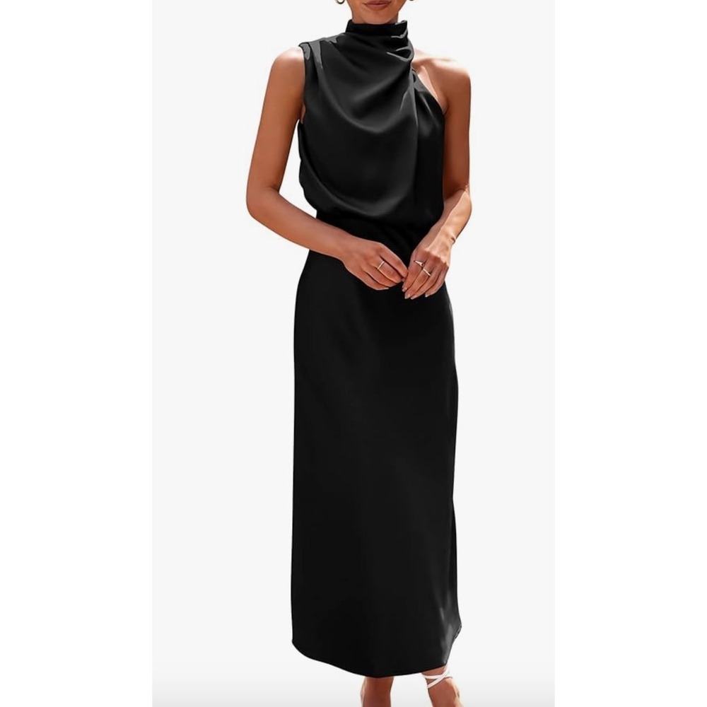Black Satin High Neck Midi Dress Sleeveless Mock Neck Cowl Formal Cocktail - Picture 2 of 4